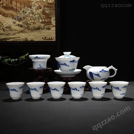 青花整套描金功夫茶具 家用简约茶杯 中式陶瓷办公盖碗日式泡茶壶套装