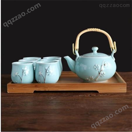 简约青瓷功夫茶具套装 家用办公室茶杯提梁壶 盖碗茶壶品茗杯组合