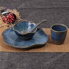 陶瓷套装餐具 窑变釉盘碗碟勺 蓝色创意酒店餐具4件套 不规格平盘