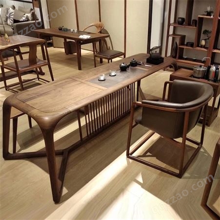 新中式白蜡木茶桌椅组合黑胡桃实木茶公茶几禅意一体简约现代