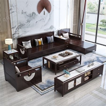 新中式实木皮质沙发茶几组合会客接待老板办公室现代商务简约家具