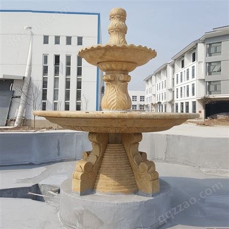 黄锈石雕喷泉雕塑水景欧式流水景观摆件单层双层三层水钵定制